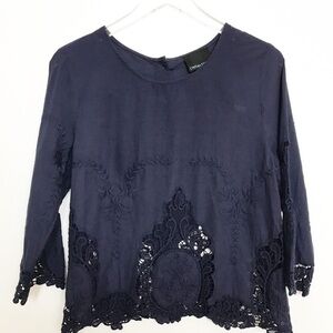 Cynthia Rowley navy cotton top cutouts embroidery